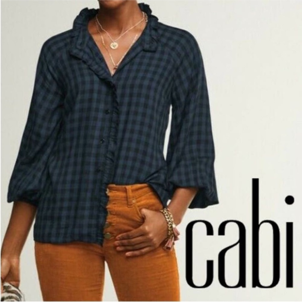 Cabi Women's Aberdeen Blue Check Ruffle Front Shirt Medium Style# 3961